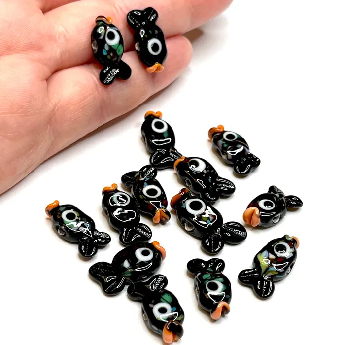 Earrings Hand Made Murano Glass Black Fish Charms 2 pcs in a pack Peppy Beads