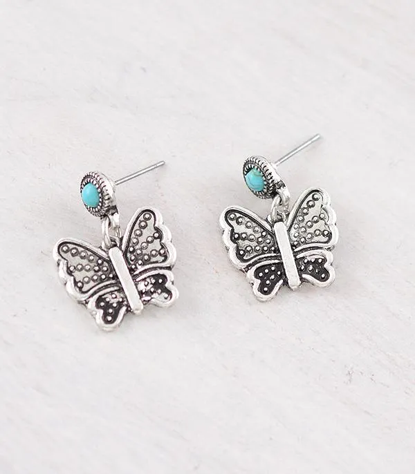 Earrings YKT BUTTERFLY SILVER TURQUOISE STONE POST STUD EARRINGS