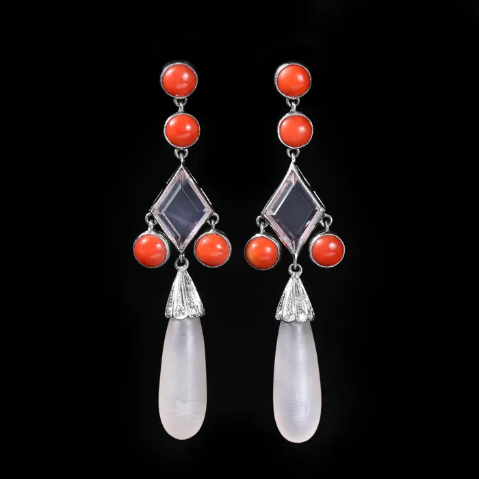 Estate Platinum Diamond Coral and Rose Quartz Dangle Earrings Platinum 1911 Earrings Estate Platinum Diamond Coral and Rose Quartz Dangle Earrings Platinum 1911 Earrings
