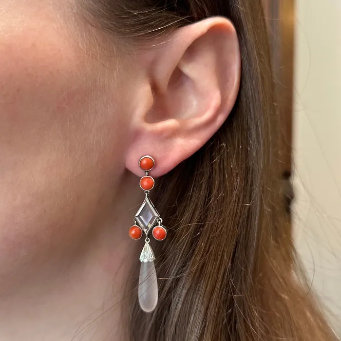 Estate Platinum Diamond Coral and Rose Quartz Dangle Earrings Platinum 1911 Earrings
