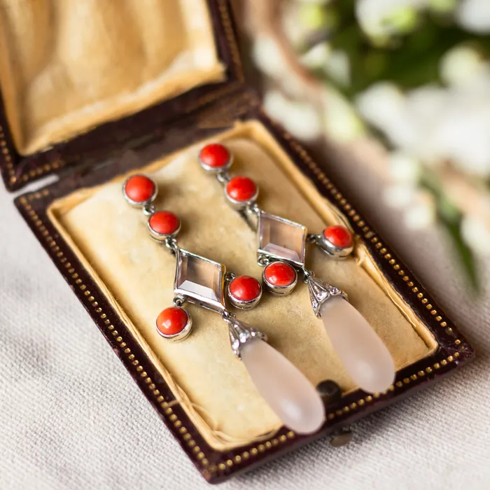 Estate Platinum Diamond Coral and Rose Quartz Dangle Earrings Platinum 1911 Earrings