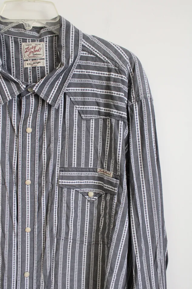Lucky Brand Gray White Pearl Snap Button Down Shirt XXL Lucky Brand Rings