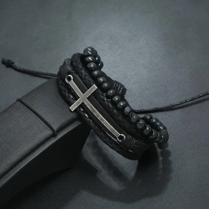 Mens Cross Bracelet br Beads and Leather Lords Guidance Bracelets