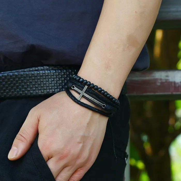 Mens Cross Bracelet br Beads and Leather Lords Guidance Bracelets