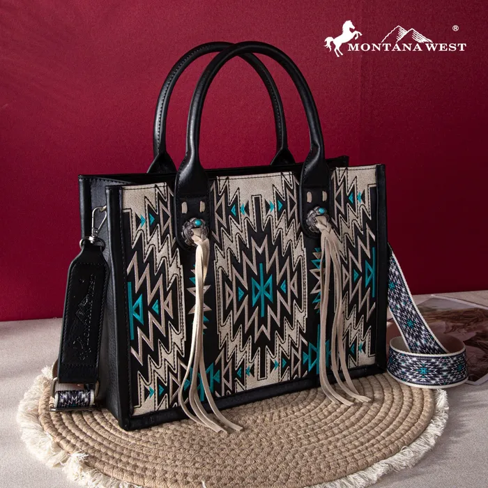 Montana West Embroidered Aztec Concealed Carry ToteCrossbody Black MONTANA WEST Rings