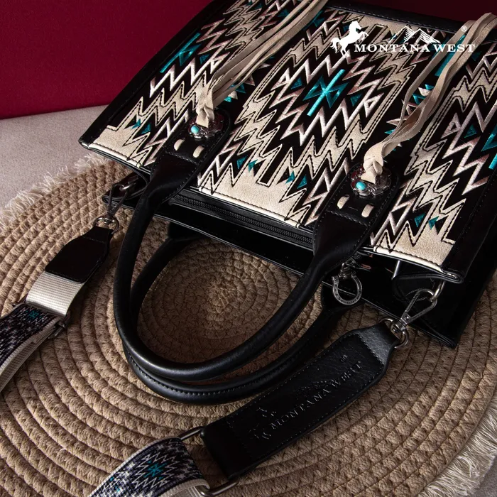 Montana West Embroidered Aztec Concealed Carry ToteCrossbody Black MONTANA WEST Rings