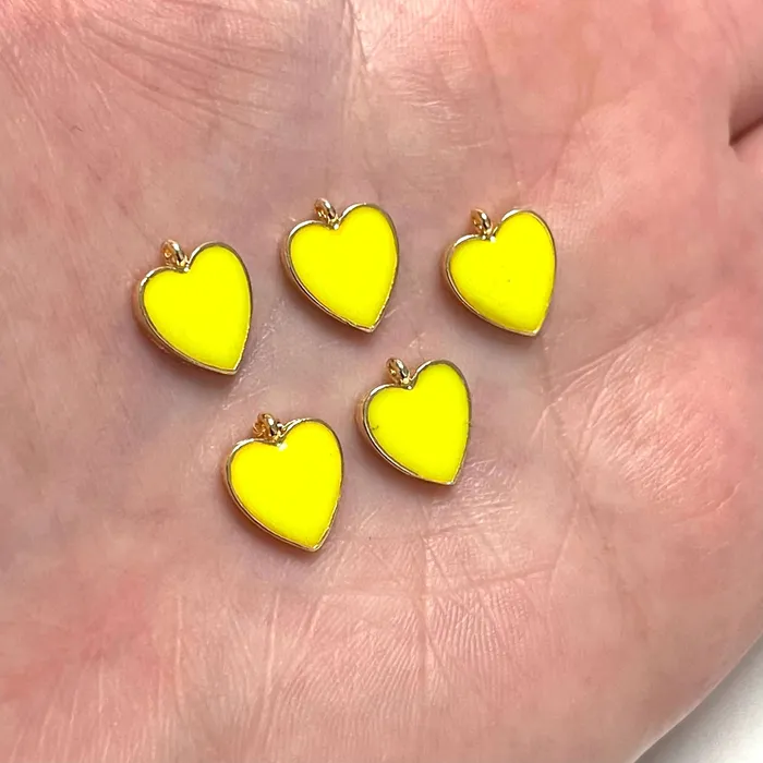 Peppy Beads Earrings 24Kt Gold Plated Neon Yellow Enamelled Heart Charms 5 pcs in a Pack Peppy Beads Earrings 24Kt Gold Plated Neon Yellow Enamelled Heart Charms 5 pcs in a Pack