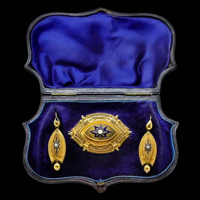 Victorian Pearl and Enamel Brooch and Earring Suite Commercial Mineral Company Earrings Victorian Pearl and Enamel Brooch and Earring Suite Commercial Mineral Company Earrings