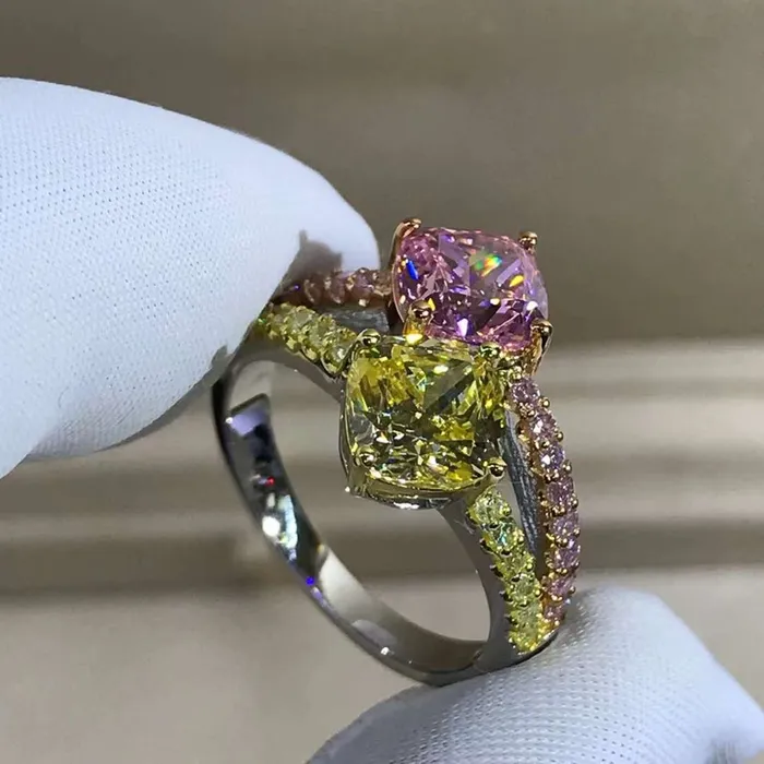3 Carat Pink Cushion Cut Two Stone Basket Split Shank VVS Moissanite Ring Leyloon Jewelry Rings