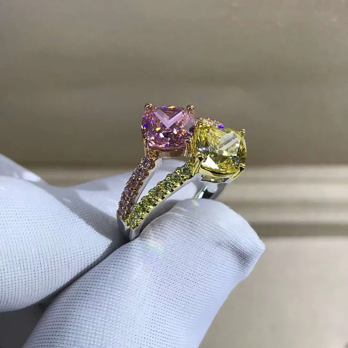 3 Carat Pink Cushion Cut Two Stone Basket Split Shank VVS Moissanite Ring Leyloon Jewelry Rings