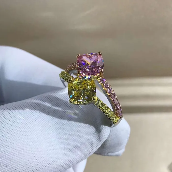 3 Carat Pink Cushion Cut Two Stone Basket Split Shank VVS Moissanite Ring Leyloon Jewelry Rings