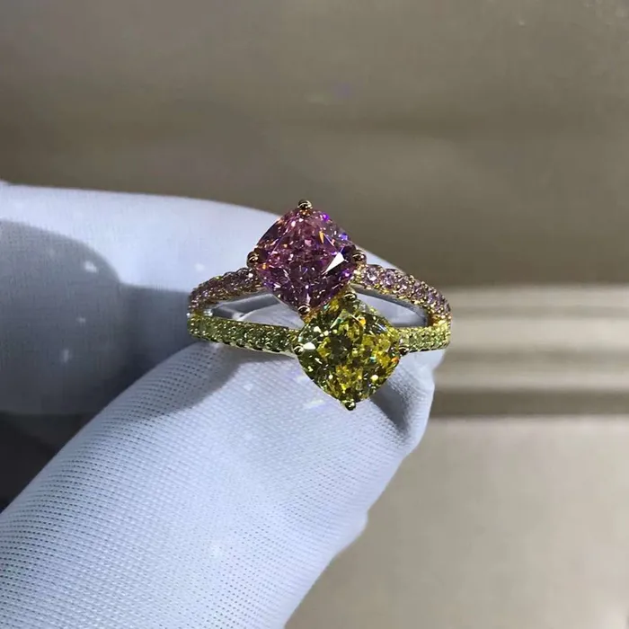 3 Carat Pink Cushion Cut Two Stone Basket Split Shank VVS Moissanite Ring Leyloon Jewelry Rings