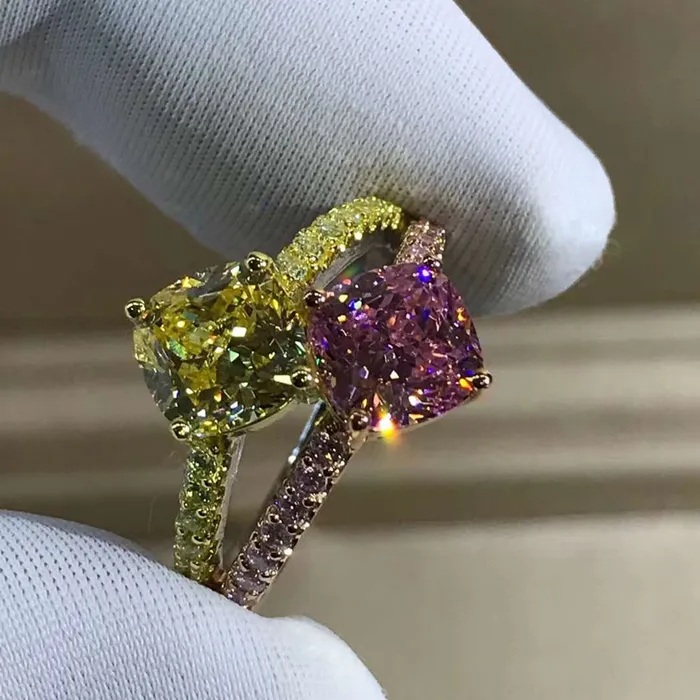 3 Carat Pink Cushion Cut Two Stone Basket Split Shank VVS Moissanite Ring Leyloon Jewelry Rings
