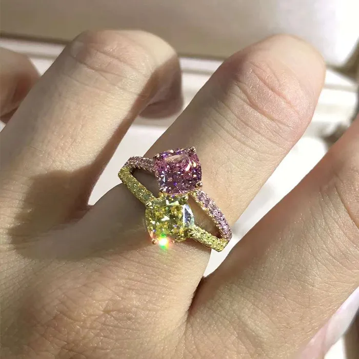 3 Carat Pink Cushion Cut Two Stone Basket Split Shank VVS Moissanite Ring Leyloon Jewelry Rings