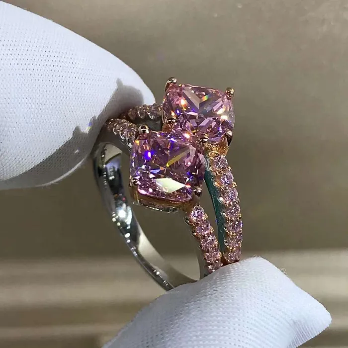 3 Carat Pink Cushion Cut Two Stone Basket Split Shank VVS Moissanite Ring Leyloon Jewelry Rings