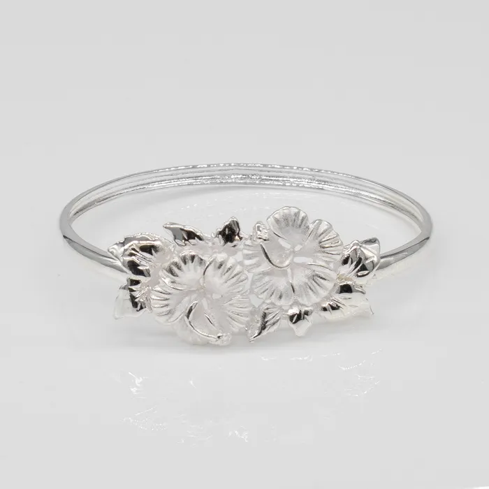 925 Sterling Silver Kamia Double Hibiscus Design Bangle with Open Clasp rosamarianas Bracelets 925 Sterling Silver Kamia Double Hibiscus Design Bangle with Open Clasp rosamarianas Bracelets