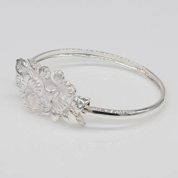 925 Sterling Silver Kamia Double Hibiscus Design Bangle with Open Clasp rosamarianas Bracelets