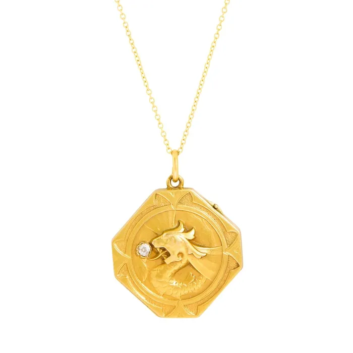 Antique Art Nouveau 18k Gold and Diamond Griffin Locket Necklace Necklaces Antique Art Nouveau 18k Gold and Diamond Griffin Locket Necklace Necklaces