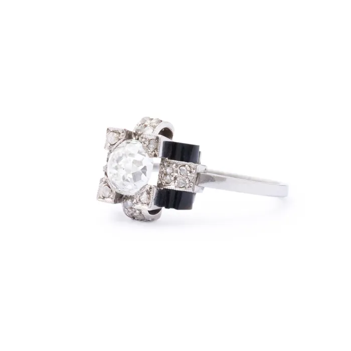 Antique Rings Art Deco Old Mine Cut Diamond Onyx And Platinum Ring