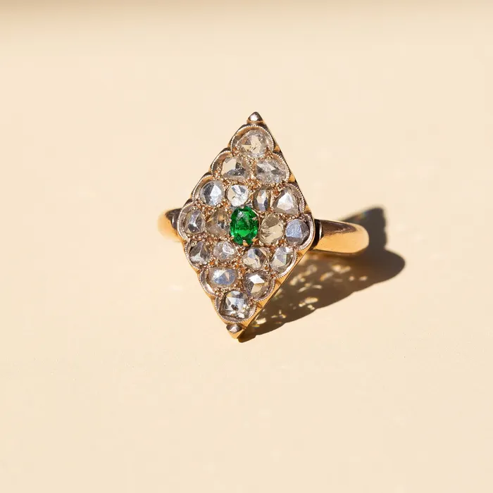 Antique Rings Victorian Rose Cut Diamond Navette Rose Gold Ring