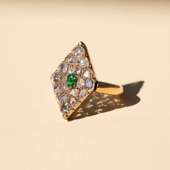 Antique Rings Victorian Rose Cut Diamond Navette Rose Gold Ring