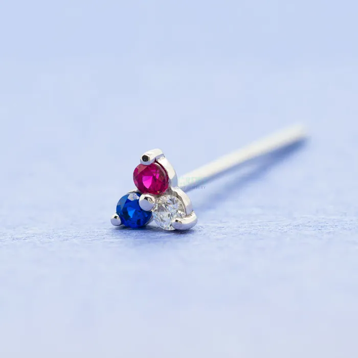 Body Vision BVLA Rings Tri Prong Cluster Nostril Screw in Gold with Red White Blue CZs
