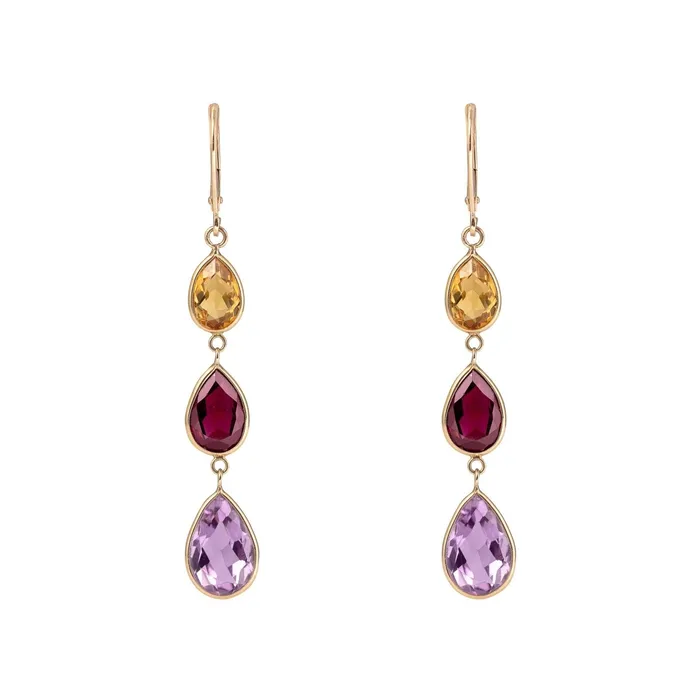 Citrine Garnet Amethyst and 14K Gold Dangle Earrings Vintage Earrings
