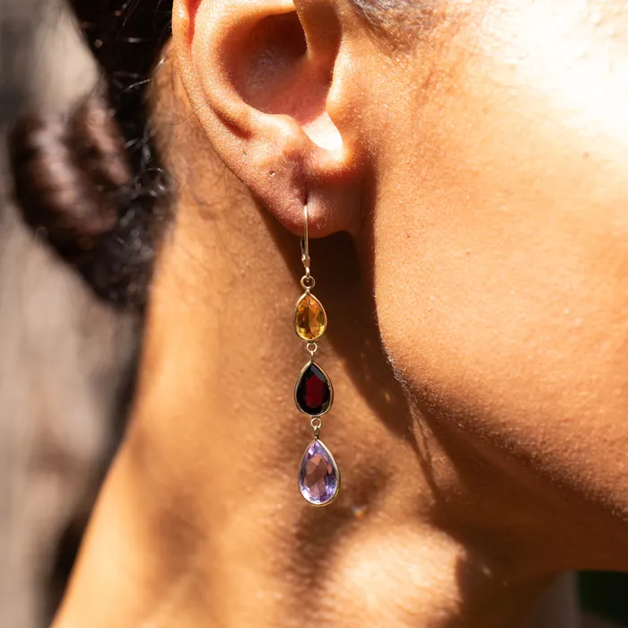 Citrine Garnet Amethyst and 14K Gold Dangle Earrings Vintage Earrings