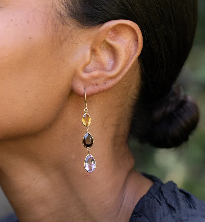 Citrine Garnet Amethyst and 14K Gold Dangle Earrings Vintage Earrings