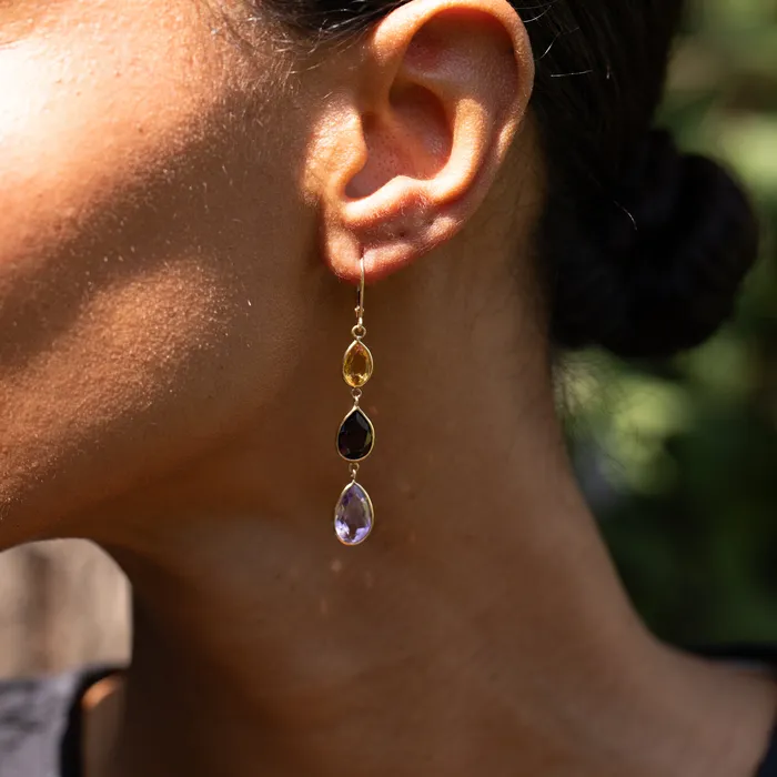 Citrine Garnet Amethyst and 14K Gold Dangle Earrings Vintage Earrings