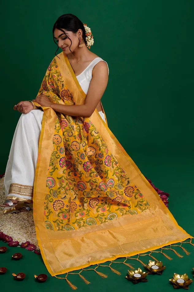 Earrings Teejh Teejh Chaitanya Mustard Yellow Banarasi Dupatta