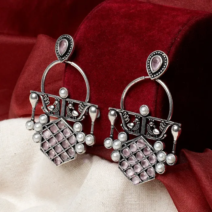 Earrings Teejh Teejh Charulata Pink Silver Oxidised Earrings