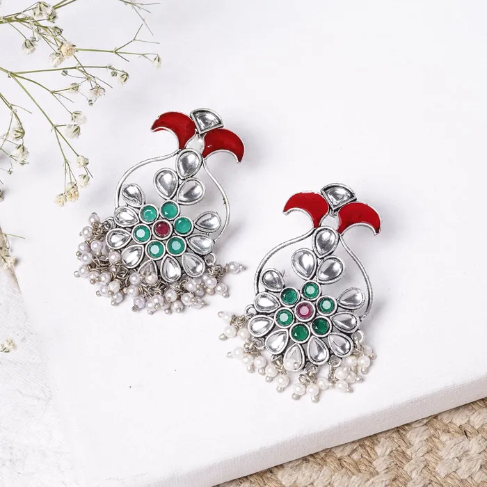 Earrings Teejh Teejh Roopangi Red and Green Silver Oxidised Earring