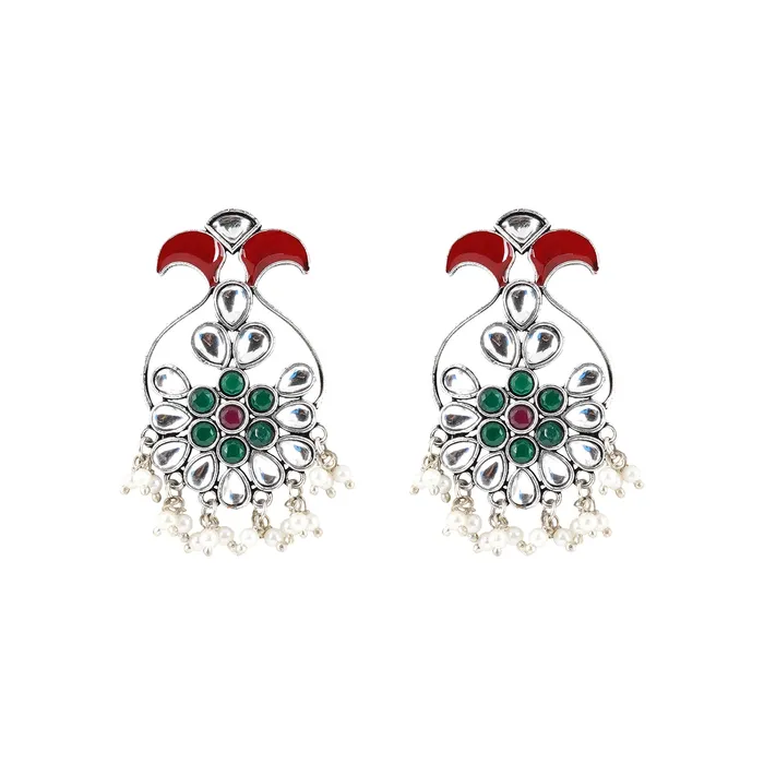 Earrings Teejh Teejh Roopangi Red and Green Silver Oxidised Earring