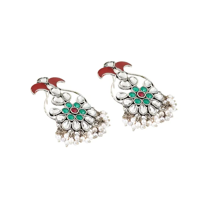 Earrings Teejh Teejh Roopangi Red and Green Silver Oxidised Earring