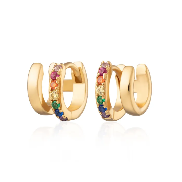 Gold Mismatched Double Huggie Earrings with Rainbow Stones Scream Pretty Earrings