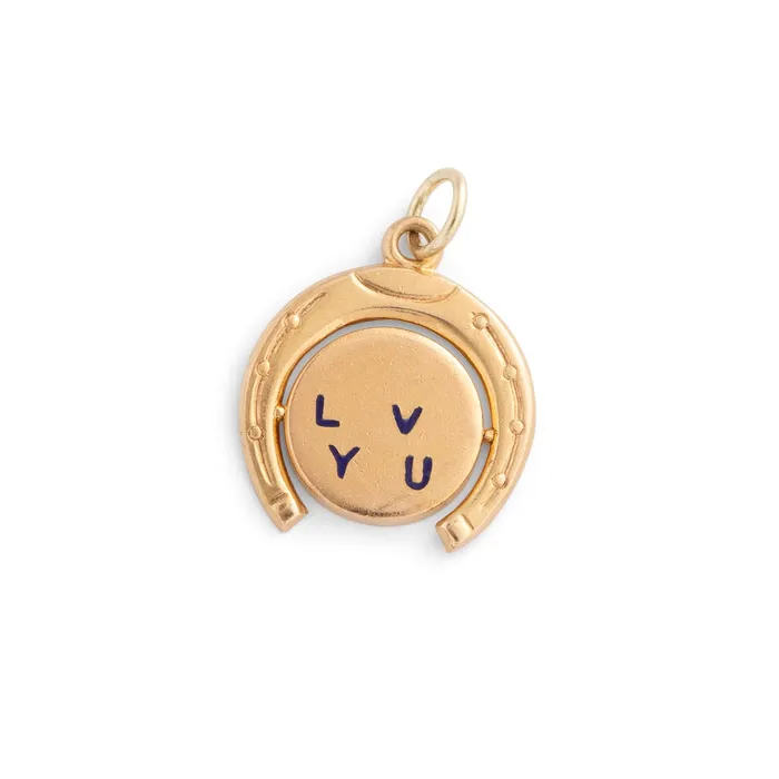 I Love You Horseshoe 14k Gold And Enamel Spinner Charm Vintage Earrings