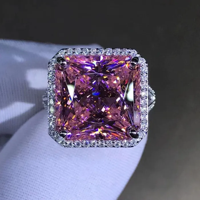 Leyloon Jewelry 12 Carat Square Radiant Cut Halo Split Shank Pink VVS Moissanite Ring Rings Leyloon Jewelry 12 Carat Square Radiant Cut Halo Split Shank Pink VVS Moissanite Ring Rings