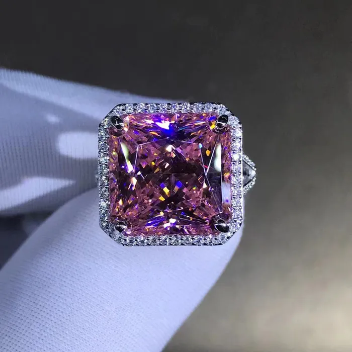 Leyloon Jewelry 12 Carat Square Radiant Cut Halo Split Shank Pink VVS Moissanite Ring Rings