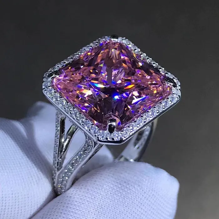 Leyloon Jewelry 12 Carat Square Radiant Cut Halo Split Shank Pink VVS Moissanite Ring Rings