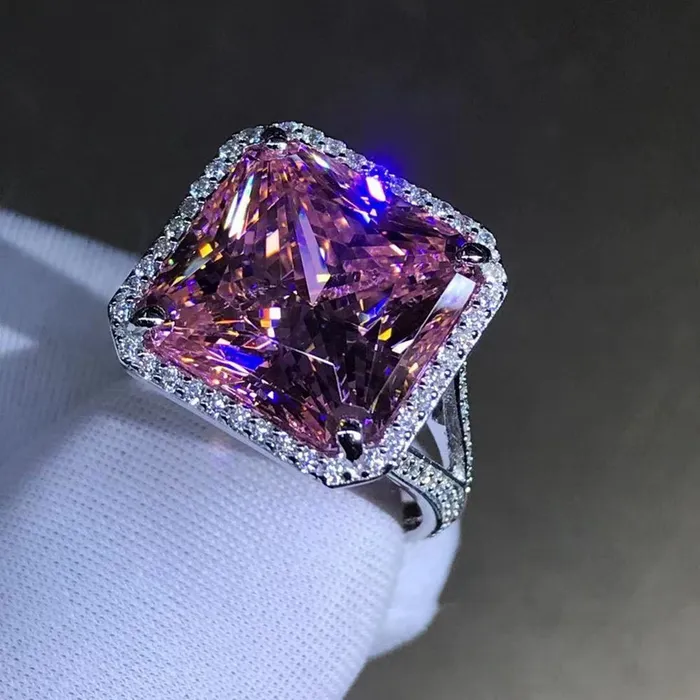 Leyloon Jewelry 12 Carat Square Radiant Cut Halo Split Shank Pink VVS Moissanite Ring Rings