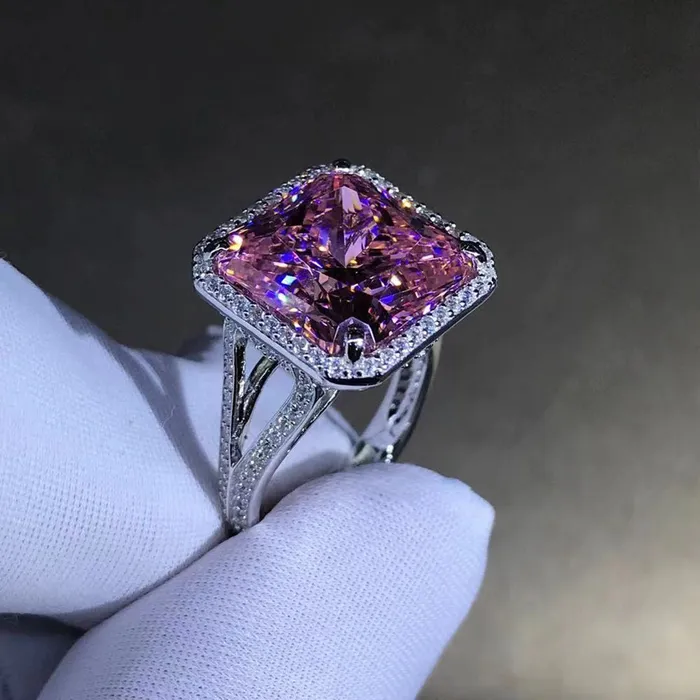 Leyloon Jewelry 12 Carat Square Radiant Cut Halo Split Shank Pink VVS Moissanite Ring Rings
