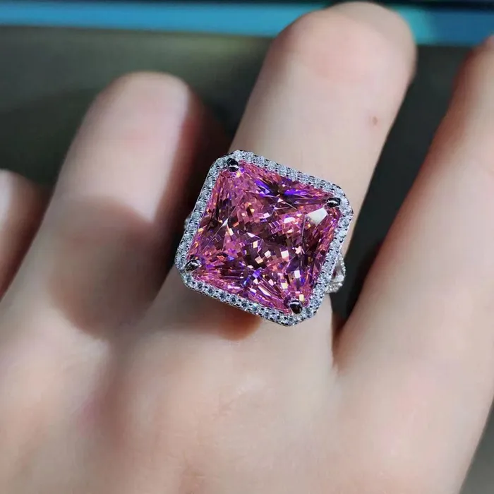 Leyloon Jewelry 12 Carat Square Radiant Cut Halo Split Shank Pink VVS Moissanite Ring Rings