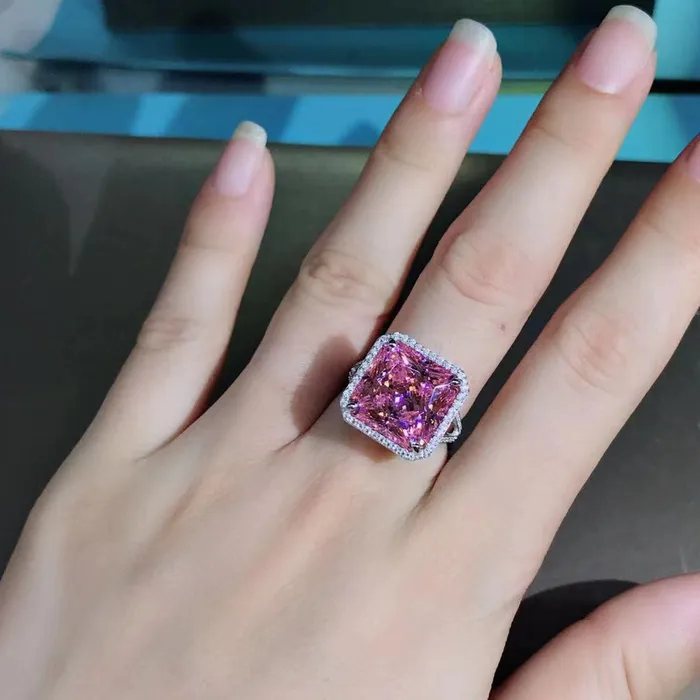 Leyloon Jewelry 12 Carat Square Radiant Cut Halo Split Shank Pink VVS Moissanite Ring Rings