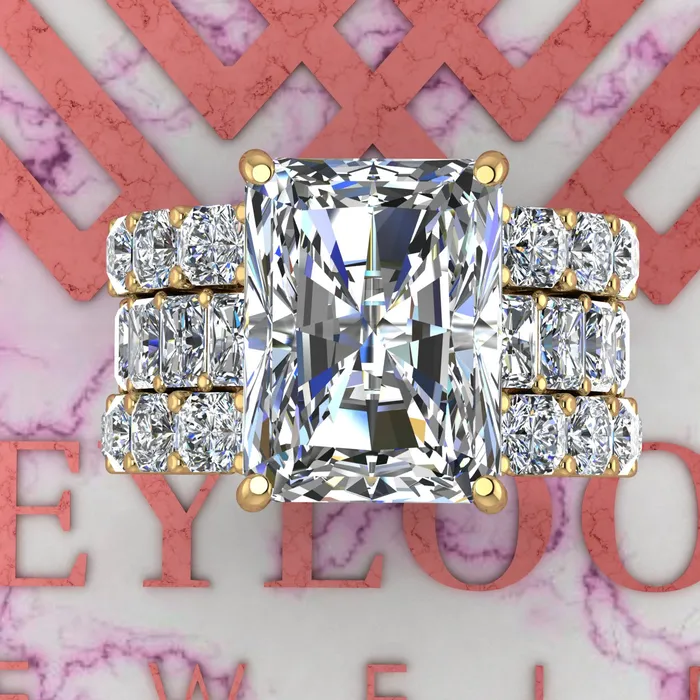 Leyloon Jewelry Rings 14 CTW Medium Radiant Cut ThreePiece Bridal D Color Basket Moissanite Set