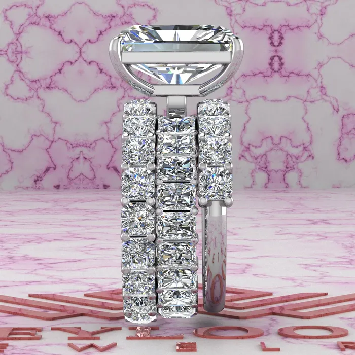 Leyloon Jewelry Rings 14 CTW Medium Radiant Cut ThreePiece Bridal D Color Basket Moissanite Set