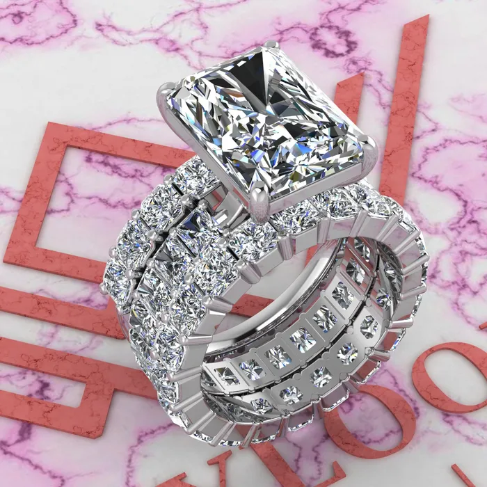 Leyloon Jewelry Rings 14 CTW Medium Radiant Cut ThreePiece Bridal D Color Basket Moissanite Set