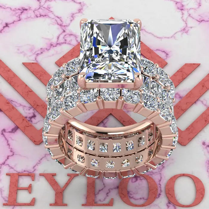 Leyloon Jewelry Rings 14 CTW Medium Radiant Cut ThreePiece Bridal D Color Basket Moissanite Set
