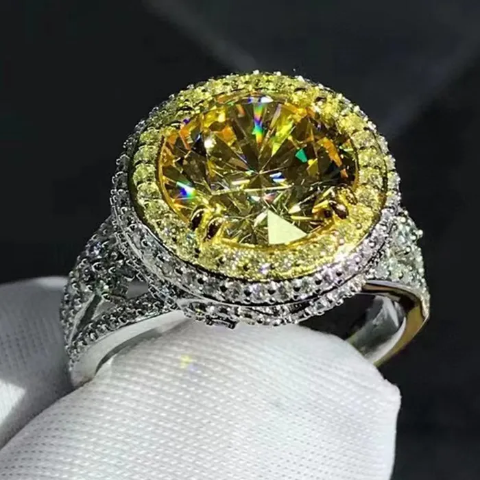 Leyloon Jewelry Rings 4 Carat Yellow Round Cut Triple Halo Filigree Beadset Split Shank VVS Moissainte Ring