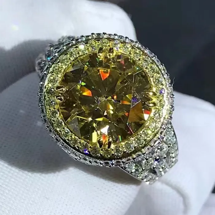 Leyloon Jewelry Rings 4 Carat Yellow Round Cut Triple Halo Filigree Beadset Split Shank VVS Moissainte Ring